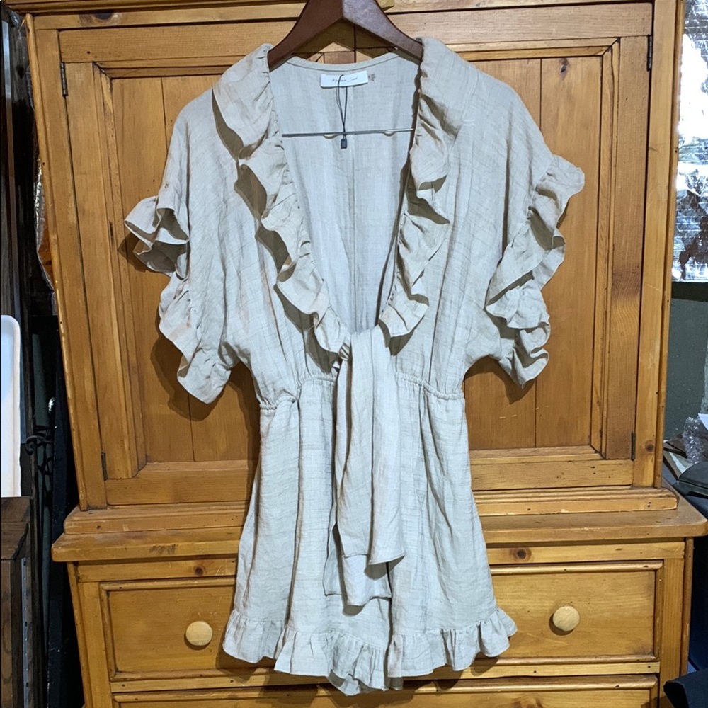 Mustard Seed Tan Ruffled Mini Romper Sundress
